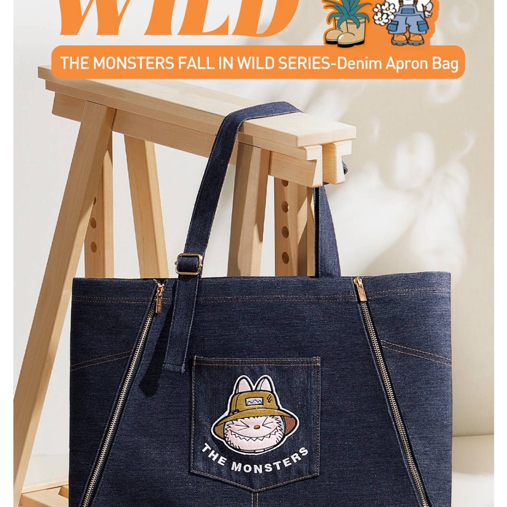 The Monsters Labubu Denim Apron Tote Bag- Blue